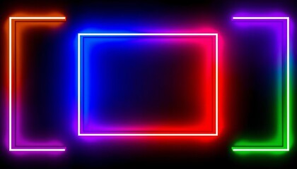 Vibrant neon square frames in blue, red, purple, green Futuristic glowing borders, isolated on black Top view,  overlay,  energy