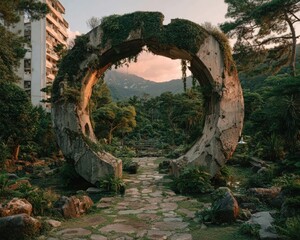 A monument shaped like a giant peace symbol in the middle of a garden