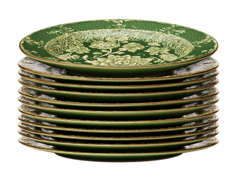 Stack of green vintage plates isolated on transparent background, antique tableware isolated on a transparent background
