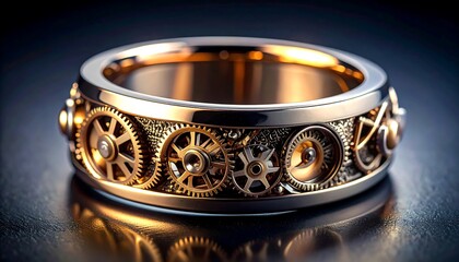 A close-up of a detailed gold ring featuring intricate clockwork gears and mechanical elements, set against a dark background