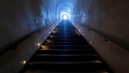 Fototapeta premium Dark underground staircase leading toward a bright circular light at the end of the tunnel.