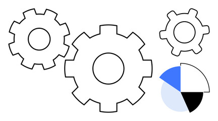 Three gear shapes interconnected alongside a segmented pie chart in blue, black, and white. Ideal for teamwork, automation, productivity, workflow, efficiency planning systems. Flat simple metaphor