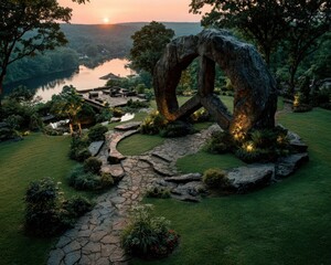 A monument shaped like a giant peace symbol in the middle of a garden