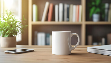 White ceramic coffee mug mockup placed on a wooden desk. Includes tablet and notebook with pen. Background shows bookshelf and potted