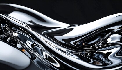 A close-up of a flowing, reflective liquid with a highly polished surface, swirling and rippling in silver and black hues