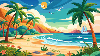 flat-vector-illustration-of-a-tropical-beach-with-