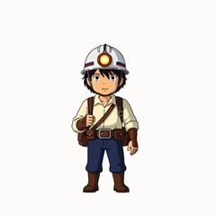 A determined animated young boy, dressed as an intrepid miner or explorer, stands prepared for an exciting adventure, wearing a hard hat with a bright lamp.