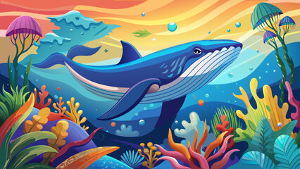 Obraz premium vector-art-of-a-whale-swimming-in-the-ocean-with-w