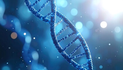 A close-up of a glowing double helix structure, the strands twisting against a blurred, bokeh-filled blue background