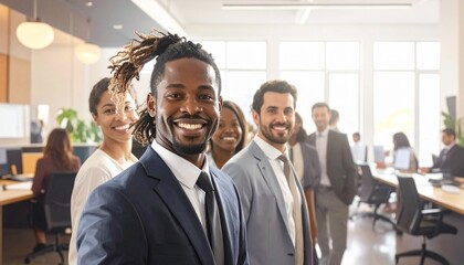 Diverse team of professionals smiling together in a modern office, natural candid vibe