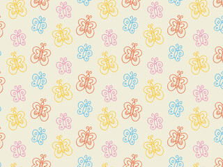 Fun cute seamless pattern of kids colorful butterflies icons. Hand drawn doodles sketch children's elements. Сhildren's draw style design elements