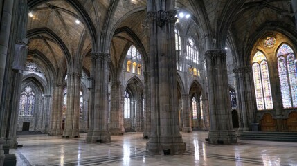 Fototapeta premium Grand Gothic Interior with Arches, Vaults, Columns, and Stained Glass Windows, Showcasing Architectural Splendor
