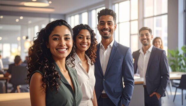 Diverse team of professionals smiling together in a modern office, natural candid vibe