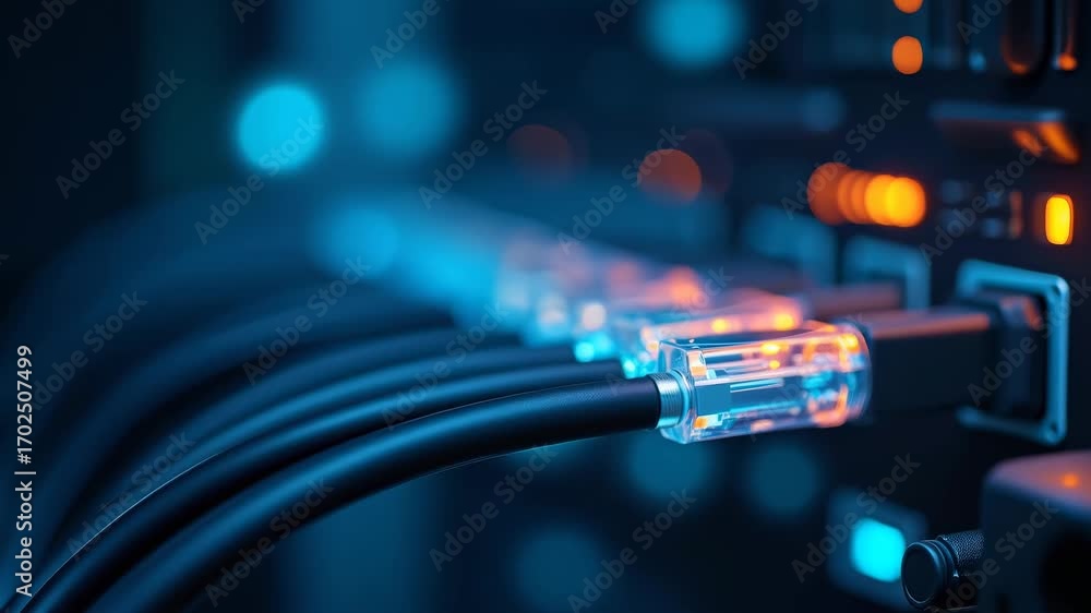 Poster data center ethernet cables flickering with light, server racks indicating network activity, digital