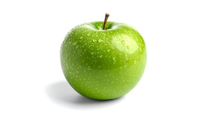 A close-up of a green, perfectly round apple with small water droplets on its shiny surface, set against a white backdrop