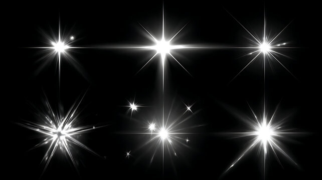 Shining white star bursts and flashes create a dazzling and bright effect on black background.