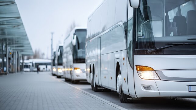 Modern Tour Buses Lined Up at Station Waiting for Passengers on a Cloudy Day