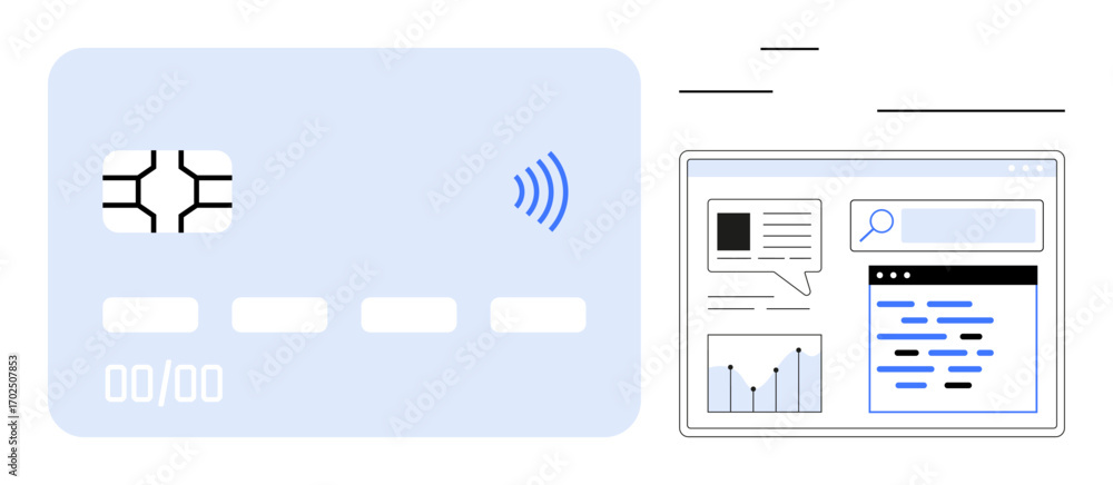 Poster credit card with chip and contactless icon beside web page showing search bar, text blocks, and char