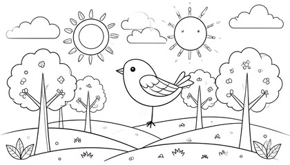 Whimsical spring illustration with birds, suns, trees and clouds for coloring