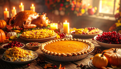 Fototapeta premium Traditional Thanksgiving Feast with Pumpkin Pie Roast Turkey Corn Cranberries and Autumn Harvest Food on Rustic Wooden Table Holiday Celebration Dinner with Candles and Seasonal Decorations