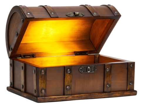 Antique wooden treasure chest glowing isolated on a transparent background