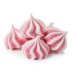Several pink and white swirled meringue cookies arranged together, isolated on white background