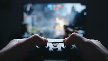 First person perspective of a gamer playing video games at night. - Powered by Adobe