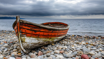 Old wooden boat rests on pebble beach under dramatic sky. Calm sea with gentle waves meets shoreline. Tranquil scene evokes feelings of history, adventure, and peaceful voyages