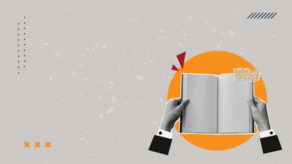 hands holding open books stickers with vintage art collage