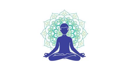 Stylized blue silhouette meditating figure in lotus pose with green mandala pattern.