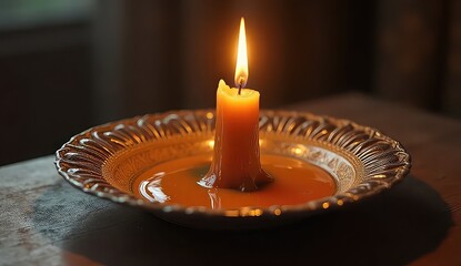 Warm candle flame casts enchanting glow in ornate holder, creating serene ambiance and peaceful mood