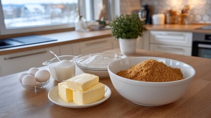 Ingredients for Baking on Kitchen Table with Eggs, Butter, Sugar, and Flour in Natural Light