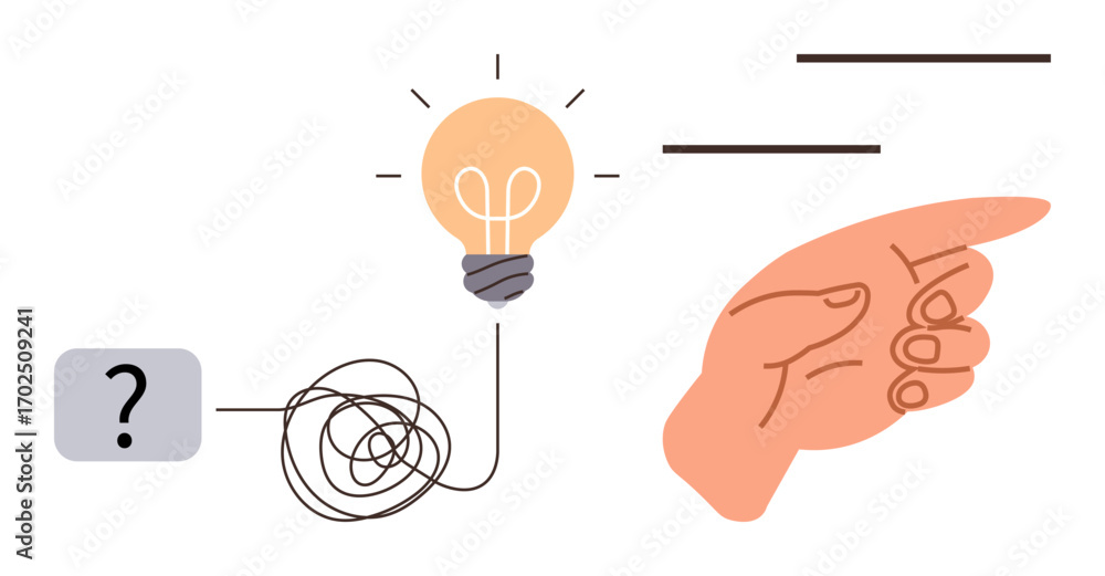 Poster bright light bulb connected to tangled line and question mark box, representing creative solutions. 