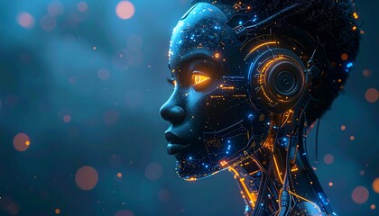 A cyborg's profile, glowing circuitry overlaid on a dark-skinned face against a blurred, bokeh background