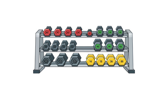 Illustration of colorful hex dumbbells on a three-tier gym rack fitness equipment.