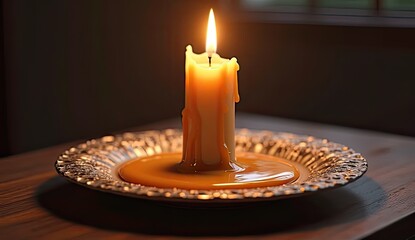 Warm glowing candle casts soft light on elegant decorative plate, creating cozy ambiance.