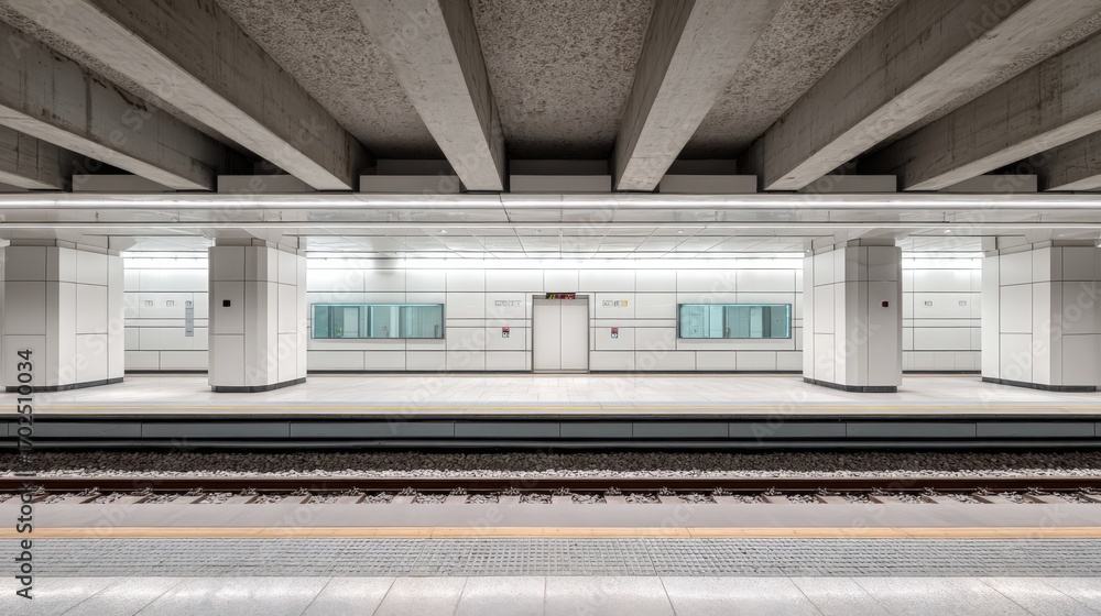 Poster modern subway station platform with minimalist architecture and clean lines, featuring railway track