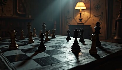 Intense chess game unfolds with dramatic lighting, symbolizing strategy and mental challenge