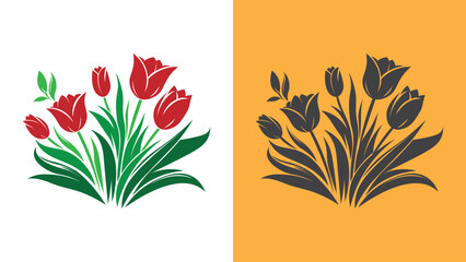 Tulip blossom artwork combining leaves, tube, and petals. Beautiful Realistic Tulip Tube For Spring Vibe To Express Love and Beauty. Vector Silhouette.