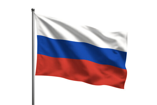 A waving Russian flag on a metal pole
