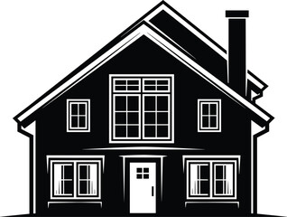 Black and white traditional house silhouette with pitched roof, chimney, central door, and windows in minimalist vector residential architecture design illustration