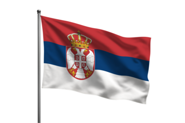 A Serbian flag waving gently in the wind on a silver metal pole