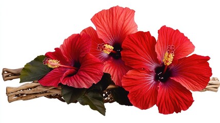 Vibrant red hibiscus flowers arranged on a natural base.