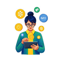 Young woman using a tablet, surrounded by digital currency and NFT icons, representing the blockchain technology.