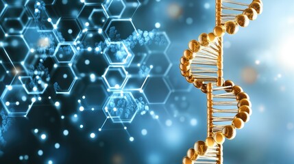 Golden DNA Helix with Glowing Hexagonal Network, Science and Technology Concept