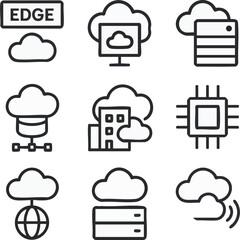 This illustration set depicts edge computing concepts through a collection of nine distinct line art icons, ideal for presentations or educational materials related to technology and cloud computing.