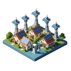 Isometric illustration of a sustainable neighborhood with solar panels and electric vehicle charging stations.