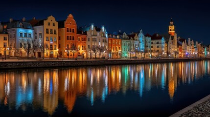 Obraz premium Picturesque Cityscape at Night Reflected in River, Vibrant Architecture along the Waterway, Illuminated Buildings