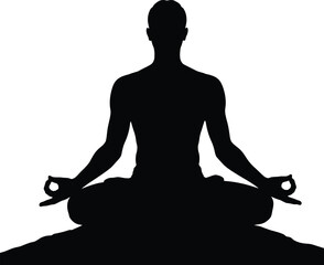 Meditation Pose Silhouette – Black Vector Icon of Cross-Legged Figure with Mudra for Mindfulness and Wellness Design Use