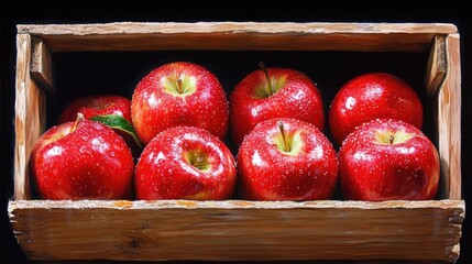 Fresh red apples in a wooden crate.